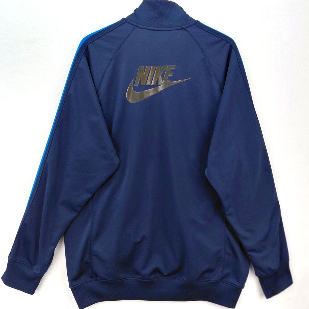Vintage Nike Track Jacket Mens Large Navy Blue Full Zip Striped Spellout Swoosh